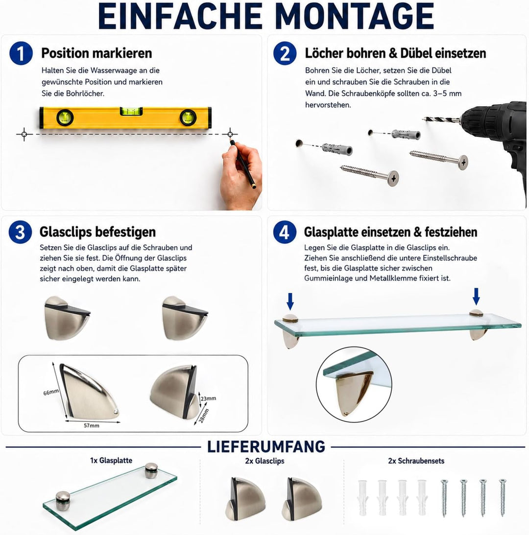Randaco 2X Glasablage Glasregal, Glas Glasablage Klarglas mit Wandhalterung&amp;8mm ESG Sicherheitsglas