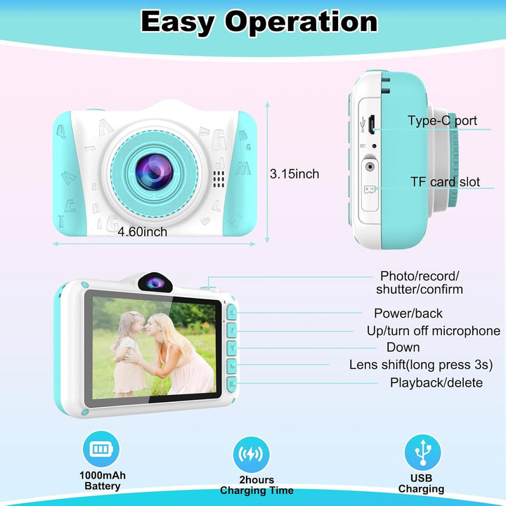 Kinderkamera,3,5-Zoll Grossbildschirm,Digitalkamera Kinder Fotoapparat mit 32GB-Karte,1080P HD 12MP,