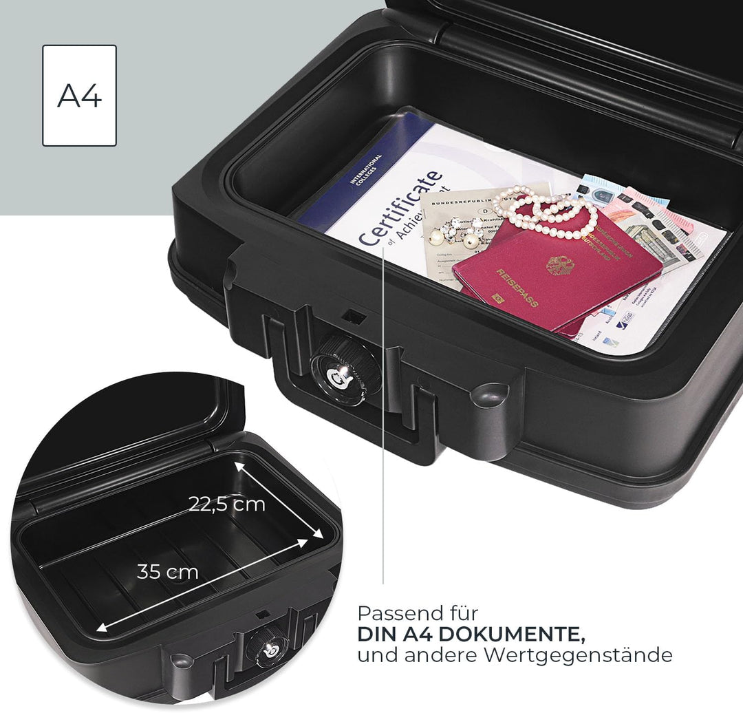 HMF 250452 Feuerfeste Wasserdichte Dokumentenbox | DIN A4 | 44,5 x 16,5 x 33 cm | schwarz