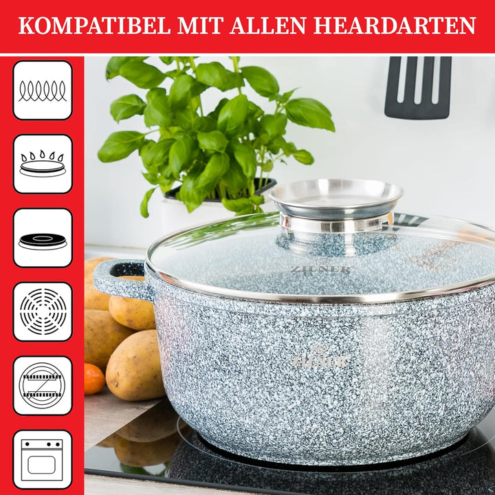 Topfset Induktion 6-Teilig mit Glasdeckel | Kochtopf Set 3 Töpfen aus Aluminiumguss | 3x Kochtöpfe Ø