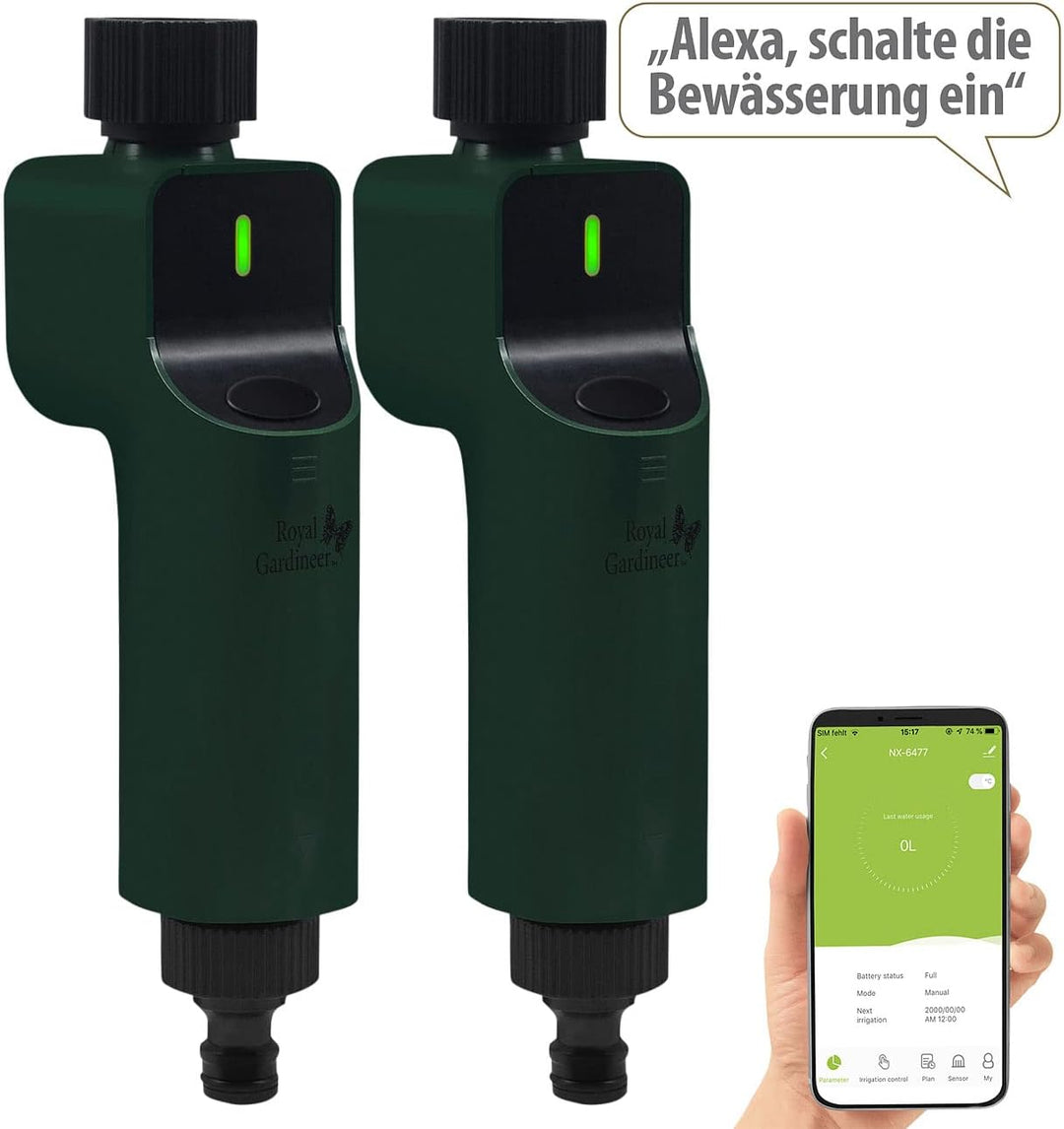 Royal Gardineer Magnetventil ZigBee: 2er-Set Zigbee-Bewässerungscomputer mit Ventil, App- & Sprachst