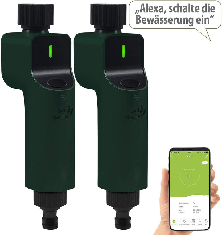 Royal Gardineer Magnetventil ZigBee: 2er-Set Zigbee-Bewässerungscomputer mit Ventil, App- & Sprachst