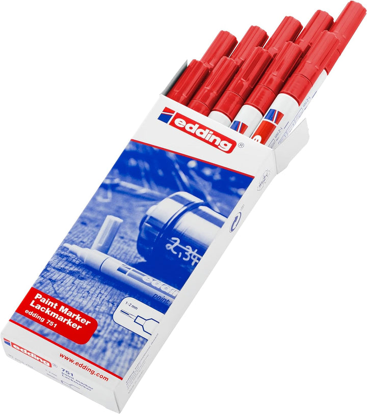 edding 751 Lackmarker - rot - 10 Stifte - Rundspitze 1-2 mm - Lackstift zur Markierung und Beschrift