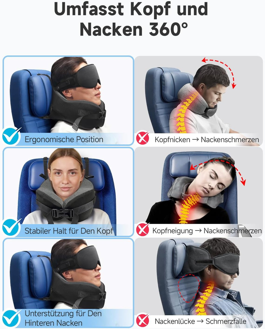 Umisleep Nackenkissen Flugzeug für Langen Flug, mit 3D-Schlafmaske, Nackenkissen Memory Foam 360° St