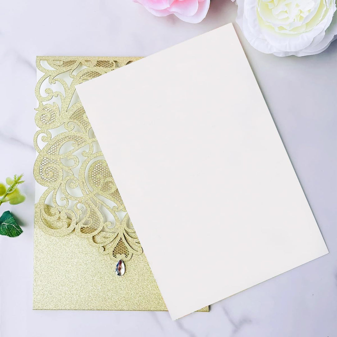 Hosmsua Blnak Hochzeitseinladungskarten mit Strass und Umschlägen, lasergeschnitten, Champagner-Gold