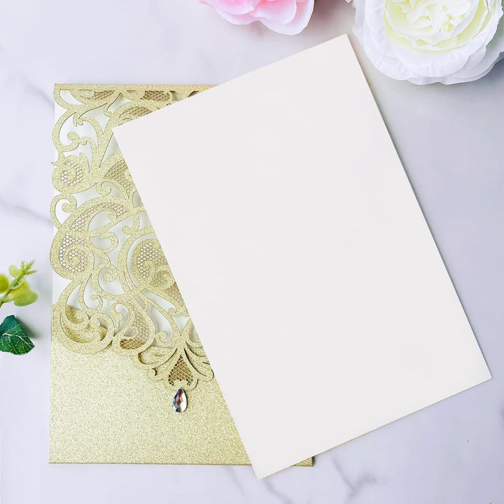Hosmsua Blnak Hochzeitseinladungskarten mit Strass und Umschlägen, lasergeschnitten, Champagner-Gold