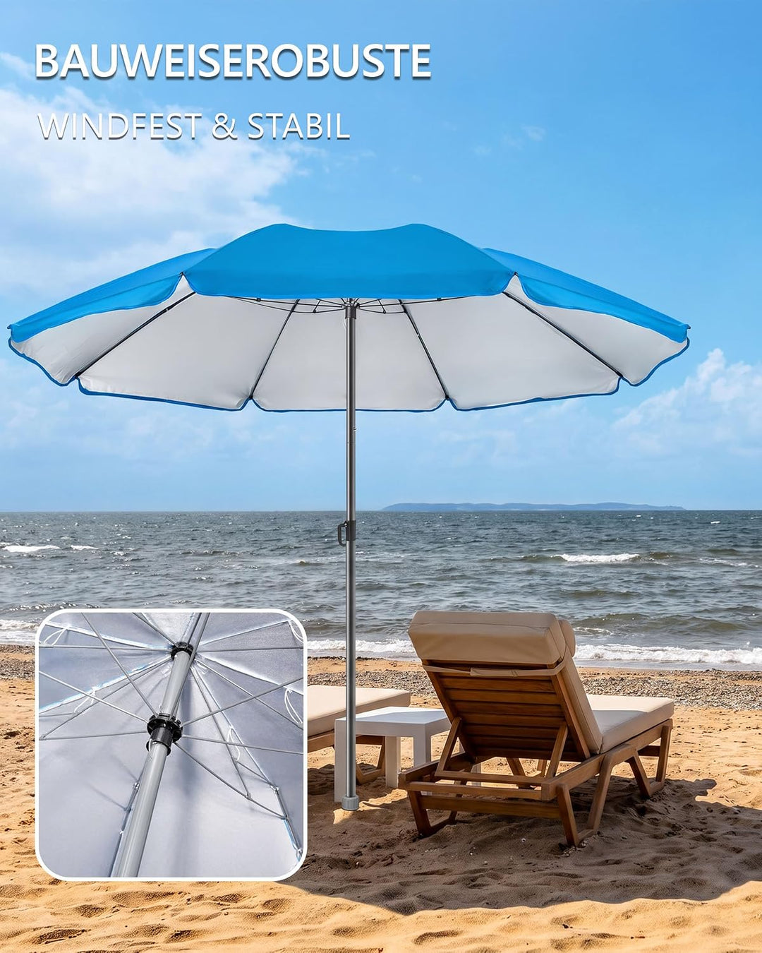 4smile Sonnenschirm Strand SunnyJoy 3-IN-1-SET, Fb. Blau - Strandschirm Ø 180 cm + Bodenhülse + Schu