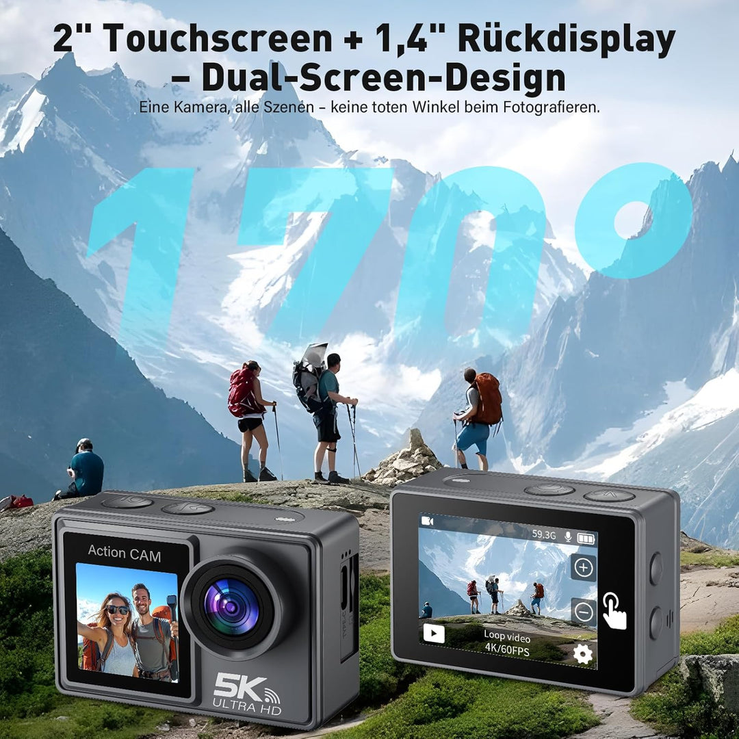 Action Cam 5K 4K60FPS, 50MP 30M/98FT wasserdichte Unterwasserkamera mit EIS, WiFi, 170° Ultra-Weitwi
