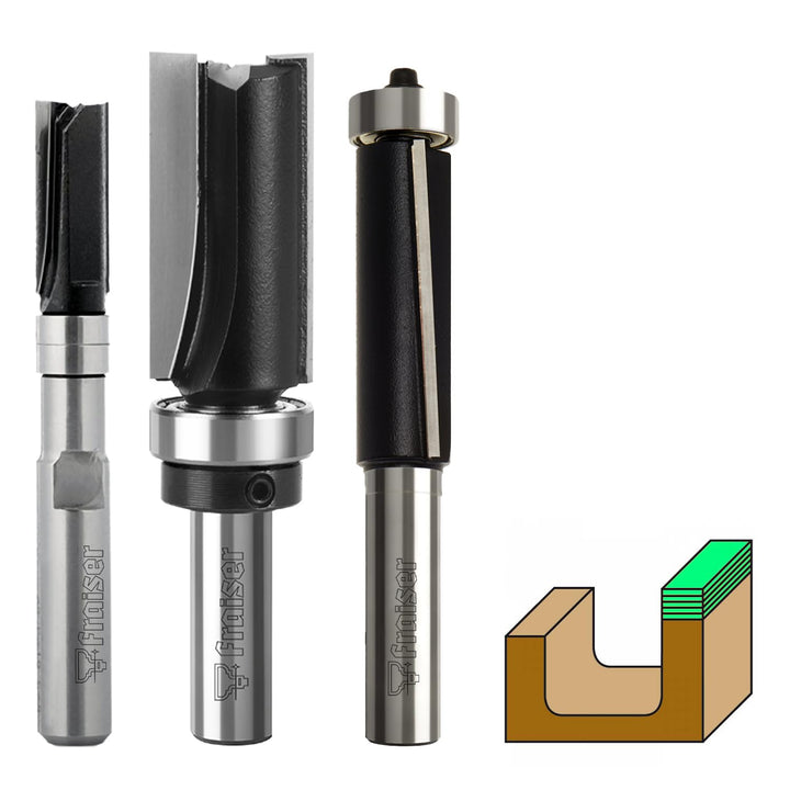 Fraiser 3er Set Kopierfräser und Bündigfräser mit oberem und unterem Kugellager – 8 mm Schaft, Präzi