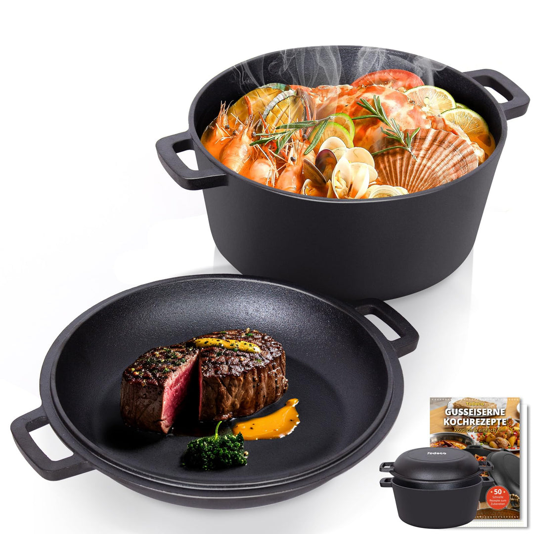 Todeco 26cm Gusseisen Bräter mit Deckel backofengeeignet, 5L 2in1 Gusseisen Topf inkl. Rezeptbuch, B