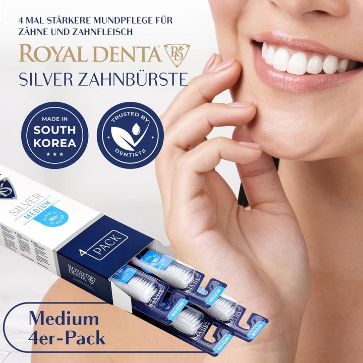 Royal Denta Silver Medium Zahnbürsten 4er-Pack - Doppellänge Borsten für Interdentalreinigung, Silbe