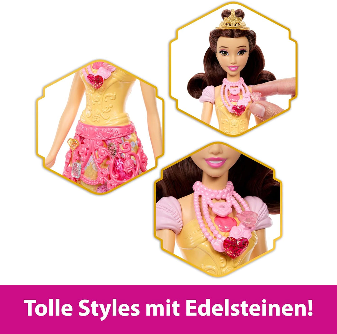Mattel Disney Princess Belle Modepuppe und Zubehörteile mit 8 Überraschungen, darunter herzförmige J
