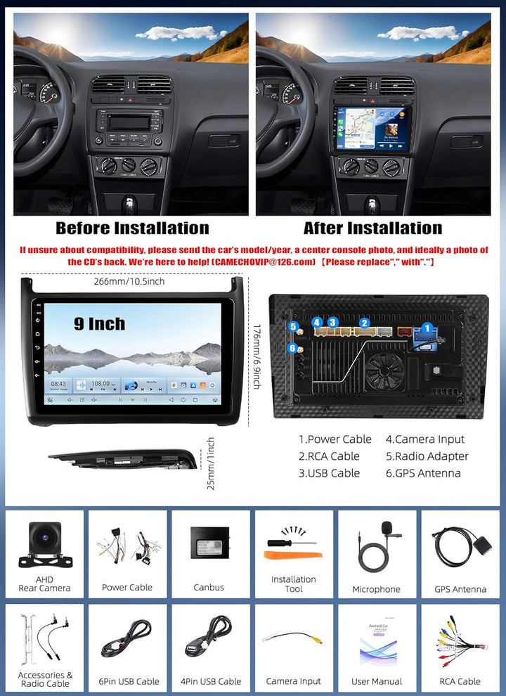 CAMECHO 4+64G Android 13 Autoradio für VW Polo 6R 6C 9N 2008-2016 mit Carplay Android Auto,Display A