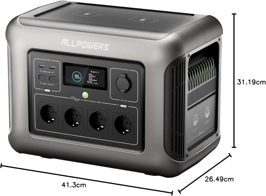 ALLPOWERS Tragbare Powerstation R1500, 1152Wh LiFePO4 Akku, 1800W Solargenerator, 0-80% geladen in 4