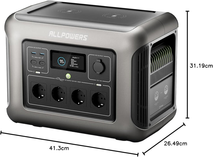 ALLPOWERS Tragbare Powerstation R1500, 1152Wh LiFePO4 Akku, 1800W Solargenerator, 0-80% geladen in 4