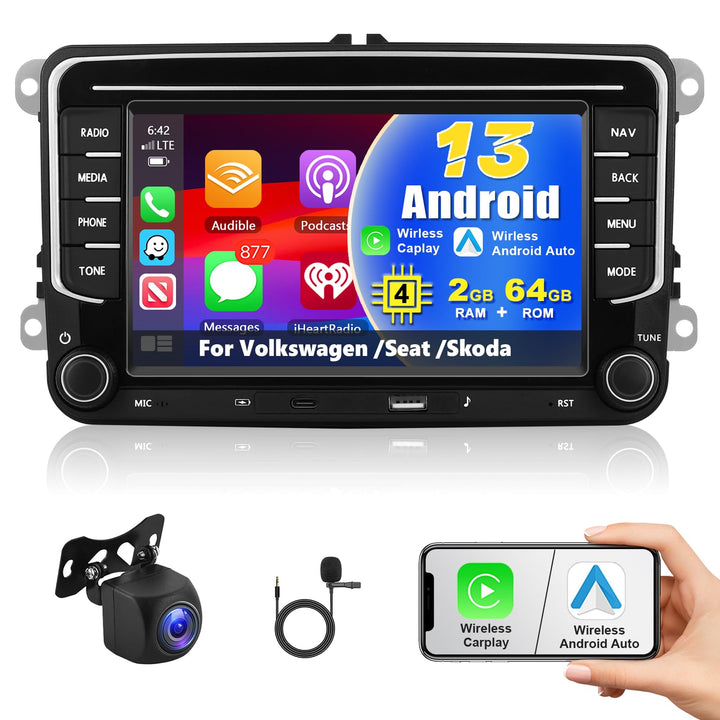 2+64G Autoradio für VW Golf Tiguan Touran Passat Polo Skoda Caddy Seat mit Kabellosem Carplay/Androi