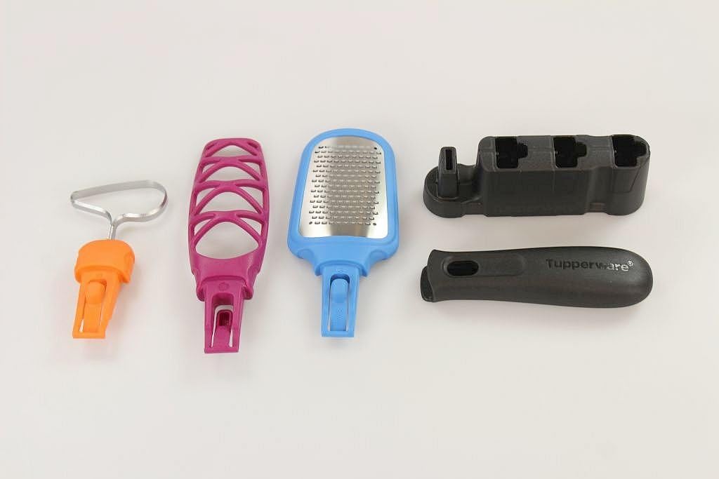 Tupperware Klick-Trio Griff + 3 Aufsätze: Rührbesen, Reibe, Entkerner aus Kunststoff - Küchenzubehör