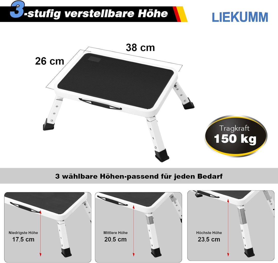 LIEKUMM Klappstufe Tritthocker, 150kg belastbar, 3-stufige Höhenverstellung, Stahl-Stehleiter für Ca