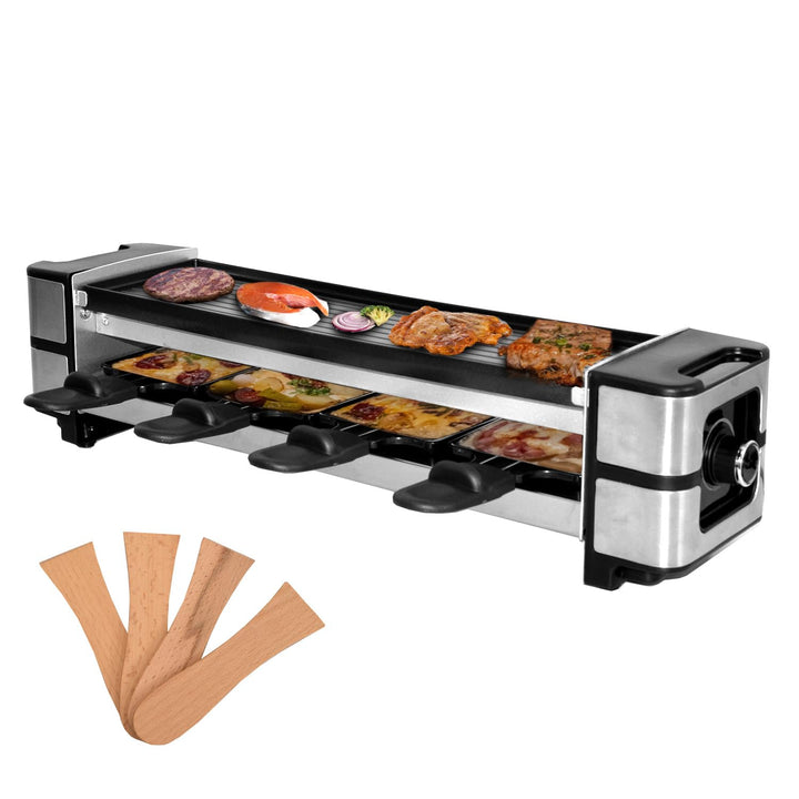 Syntrox Raclette Grill 4 Personen Ursli 600W, 4 Pfännchen 4 Spatel Antihaftbeschichtet, Stufenlose T