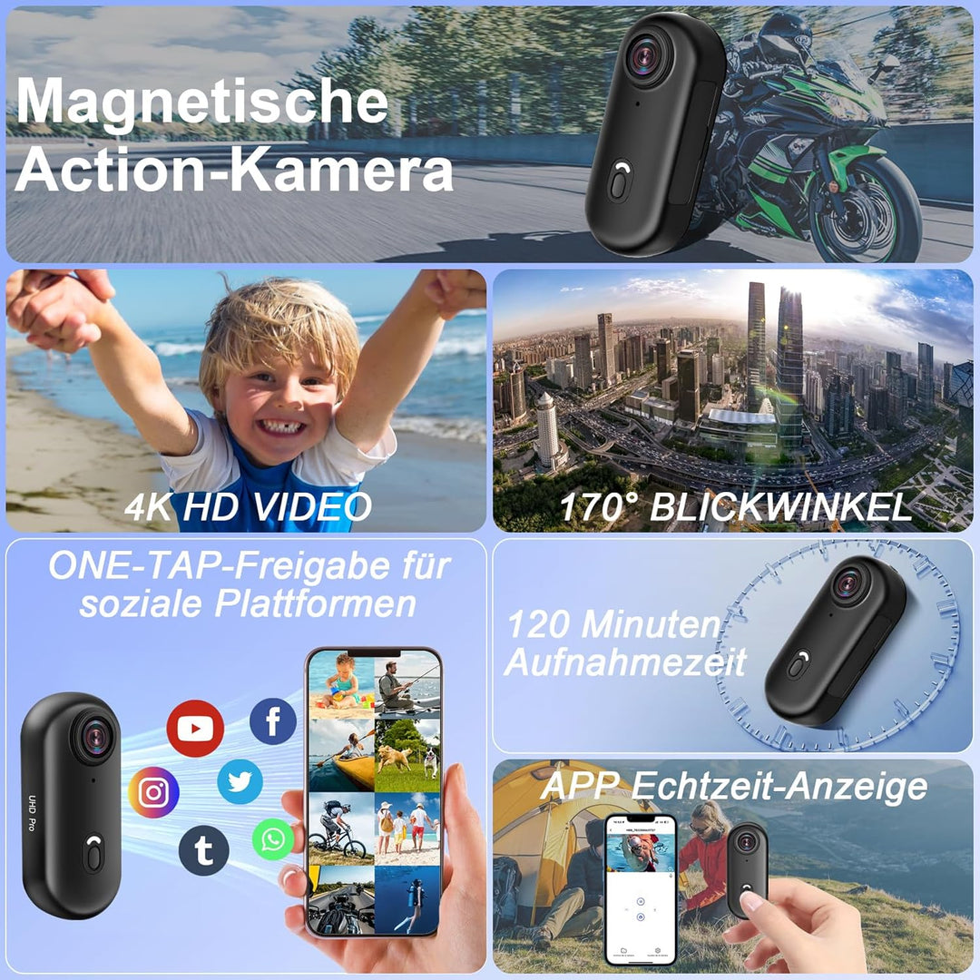 Action Kamera WiFi 4K, 170° Sport Actionkamera HD, 32G Mini Action WiFi Fahrrad Motorrad Helmkamera,