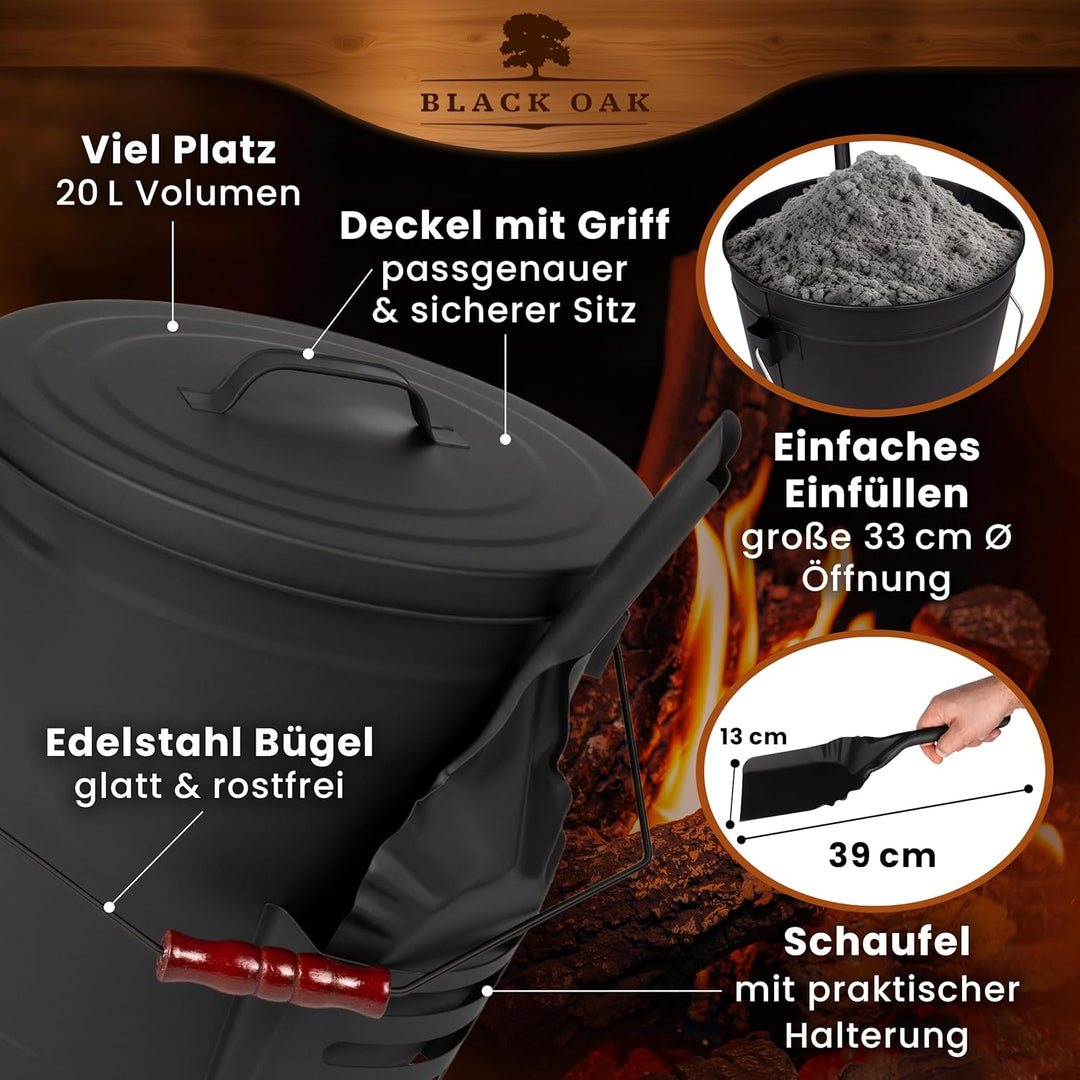BLACK OAK Ascheeimer Stromboli 20L – schwarz mit Deckel & Schaufel - Bügel schwarz - gross 20 Liter