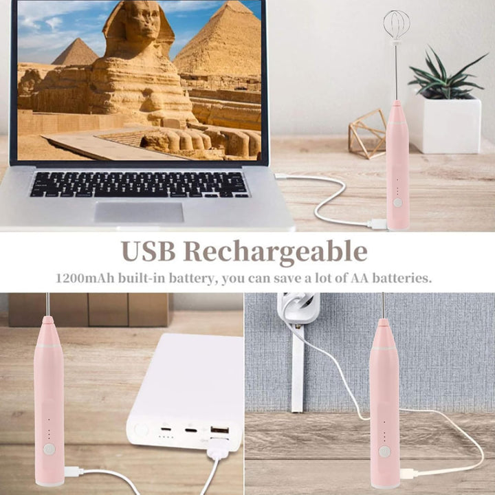 Elektrische Milchaufschäumer, Handheld Milchschäumer Stab mit 2 Schneebesen-Köpfen, Wiederaufladbare