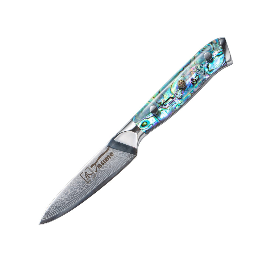Tsume Schälmesser Abalone, Klingenlänge 9cm, Echtes Damast Küchenmesser mit Perlmuttplatten, 67 Schi
