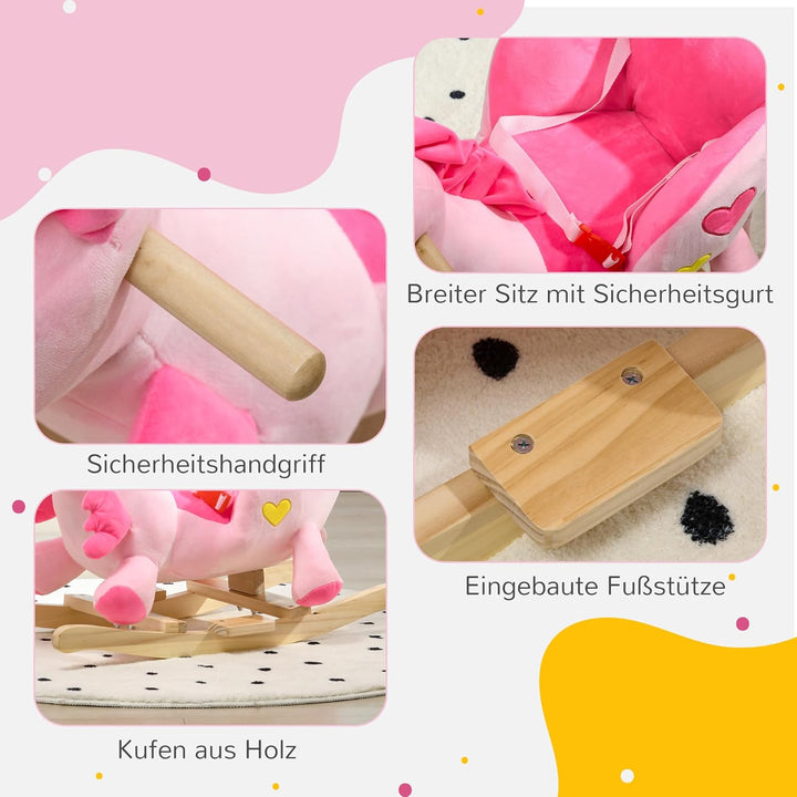 HOMCOM Schaukeltier Einhorn, Kinderschaukelstuhl mit Musik, Beckengurt, Fussstütze, Baby Schaukelstu