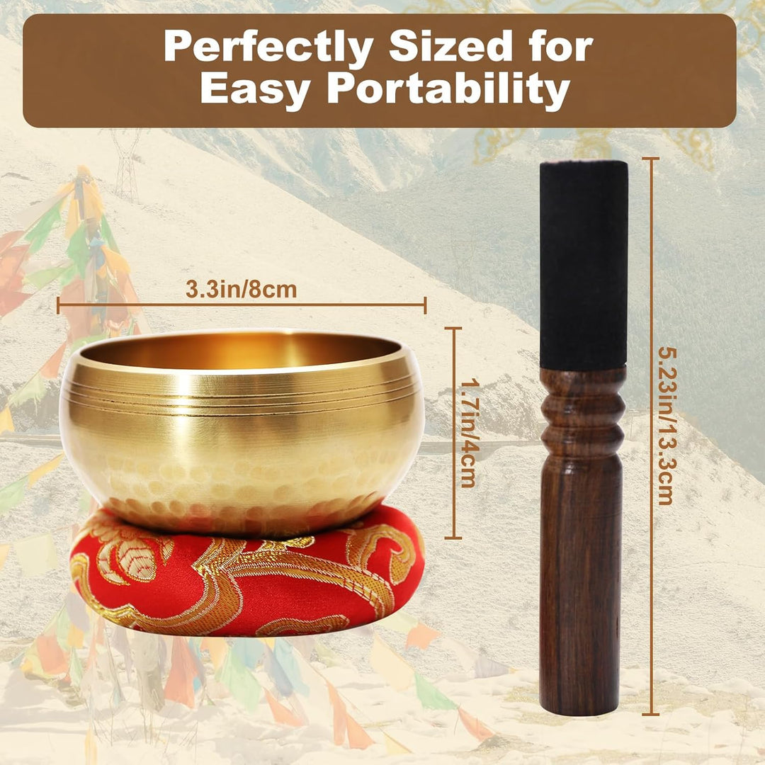 Tibetische Klangschale Set 8cm – Handgefertigte Meditationsschale aus Messing mit Holzklöppel Kissen
