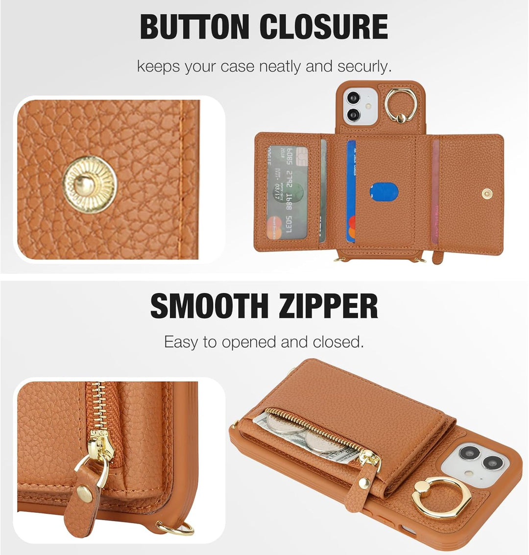 ELTEKER Handyhülle für iPhone 12 Mini Hülle mit Band Kartenfach Handykette Ringhalterung Geldbörse,L