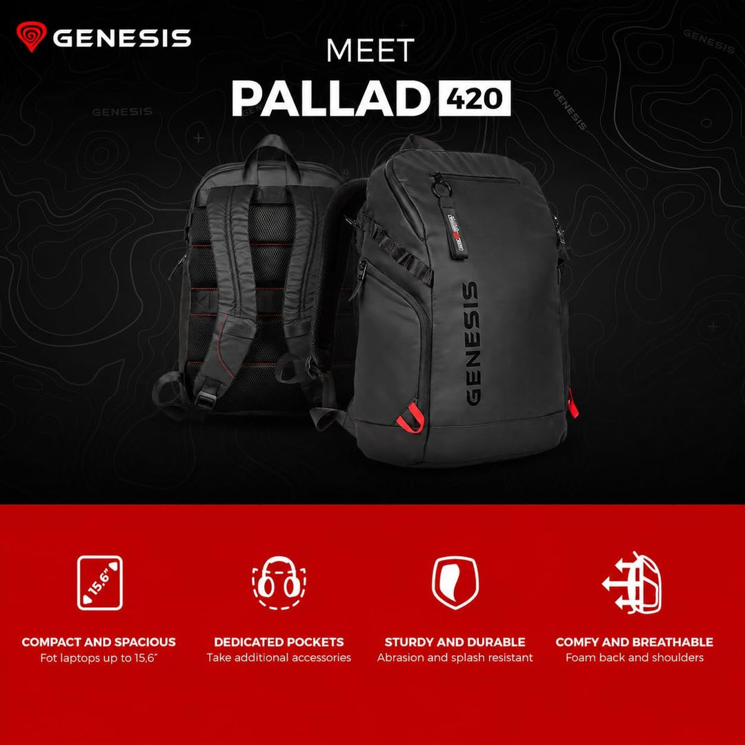 Genesis Pallad 420 Rucksack 15,6 Zoll / 18 L | Laptop-Rucksack mit 6 Taschen, Tabletfach, Trolley-Sy