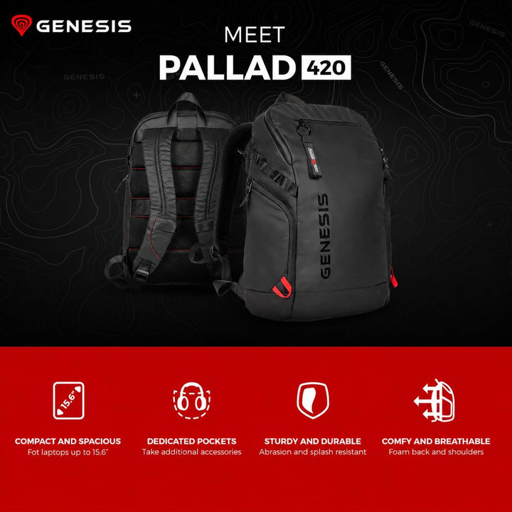 Genesis Pallad 420 Rucksack 15,6 Zoll / 18 L | Laptop-Rucksack mit 6 Taschen, Tabletfach, Trolley-Sy
