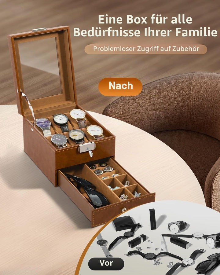 Uten Uhrenbox, 6 Fächern und 1 Schublade mit Schlüsselschloss, Glasdeckel, Braunes PU, Braunes Samtf