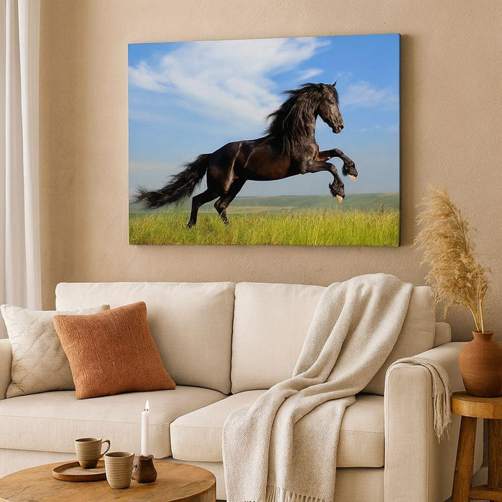 Bilder auf Leinwand 100x70cm Leinwandbild Schwarzes Pferd Pferd Galopp Gross Wanddeko Bild Schlafzim