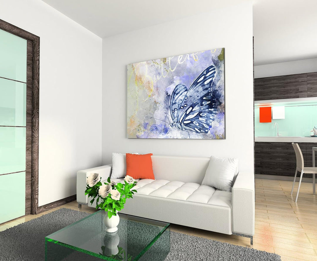 Paul Sinus Art Bild Leinwand 120x80cm Eleganter Schmetterling in Blautönen mit Kalligraphie, 120x80c