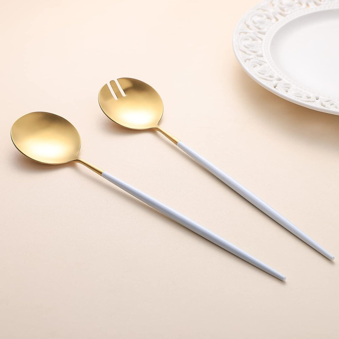 Salatbesteck, Löffel und Gabel, 29 cm, 18/10 Edelstahl, Titanbeschichtung (Weissgold) Weiss/Gold, We