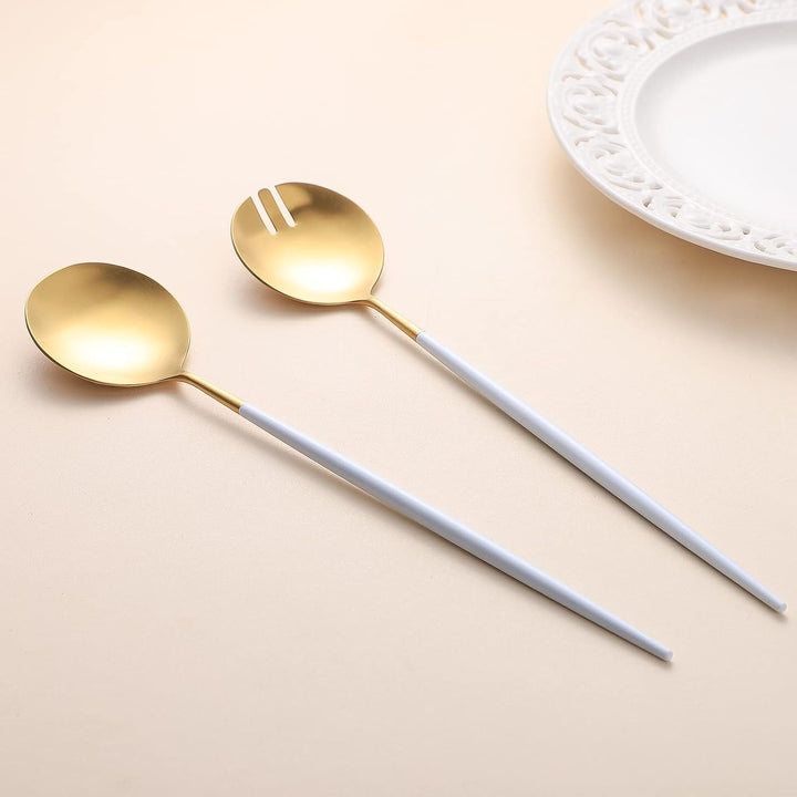Salatbesteck, Löffel und Gabel, 29 cm, 18/10 Edelstahl, Titanbeschichtung (Weissgold) Weiss/Gold, We