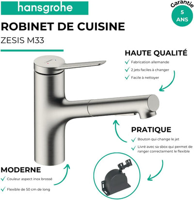 hansgrohe Küchenarmatur Zesis M33, Wasserhahn Küche mit Auslauf Höhe 150 mm, 150° drehbar, ausziehba