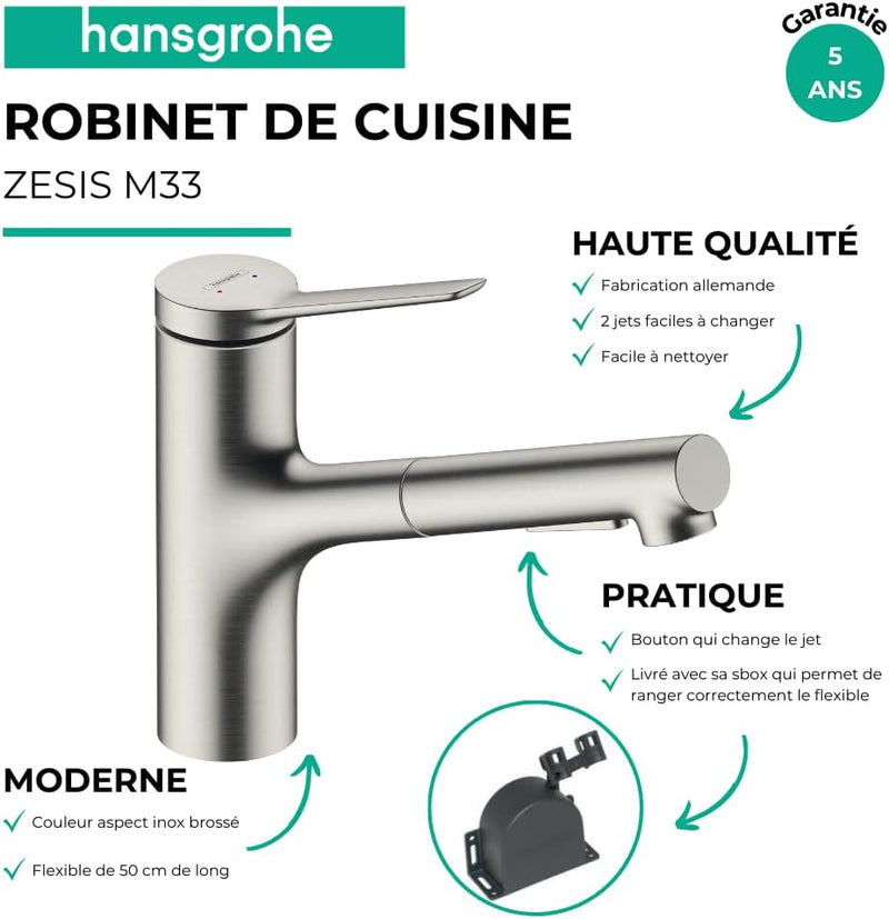 hansgrohe Küchenarmatur Zesis M33, Wasserhahn Küche mit Auslauf Höhe 150 mm, 150° drehbar, ausziehba