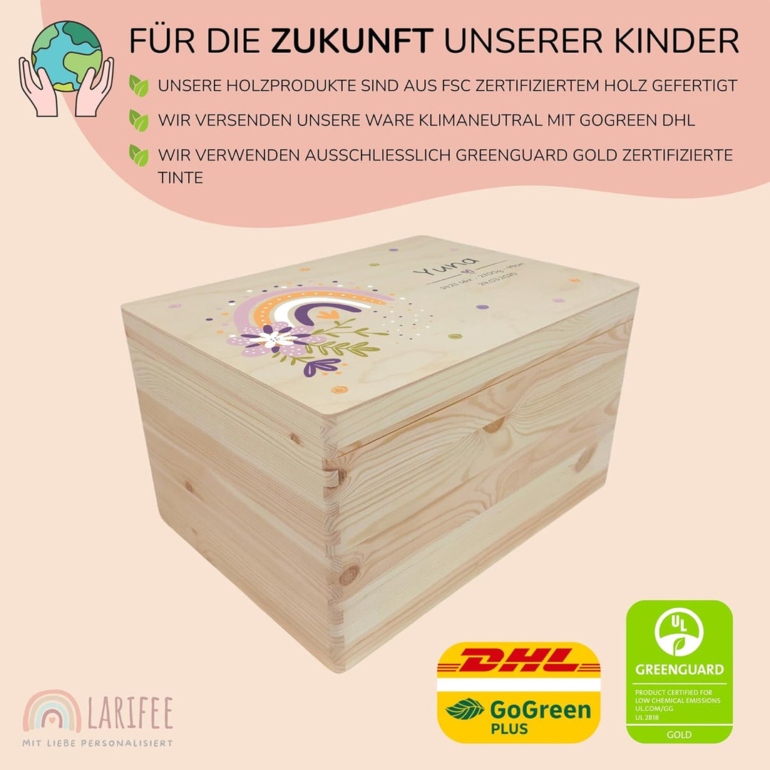 LARIFEE Erinnerungskiste personalisiert Regenbogen Blumen mit Name – Baby Erinnerungsbox Holz mittel