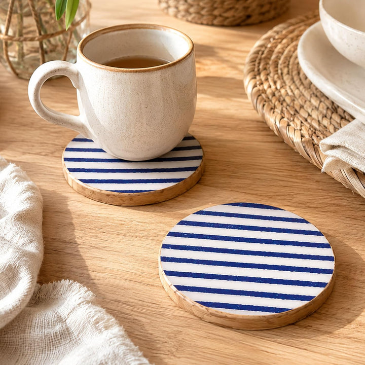 Decorasian Emaillierte Glasuntersetzer aus Mangoholz – 6er Set mit Halter Box (Ø 9,5cm) – Handgefert