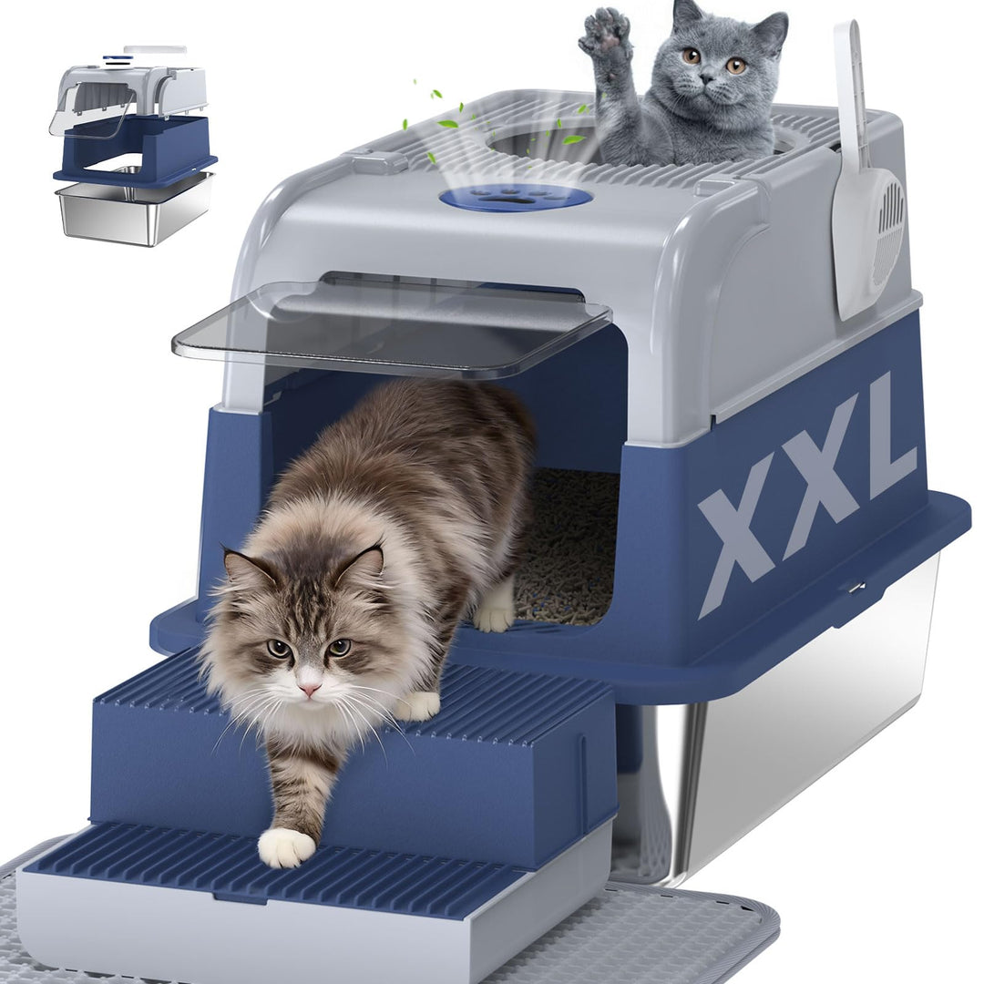 XXL Katzenklo Edelstahl mit Deckel, Cityflee Geschlossenes Katzenklo, Katzentoilette mit Deckel & Fr