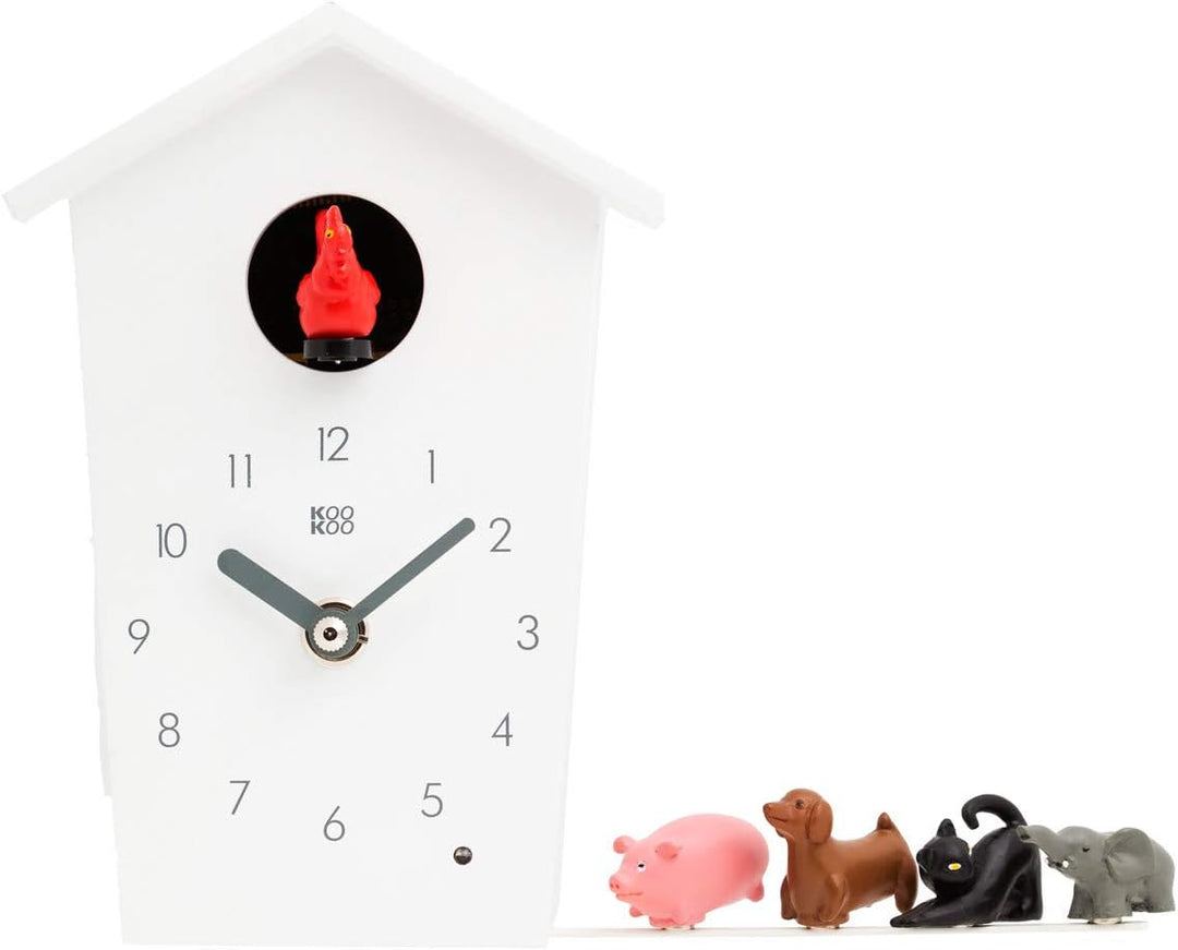 KOOKOO AnimalHouse Weiss, Moderne kleine Kuckucksuhr mit 5 Bauernhoftieren, Aufnahmen aus der Natur.