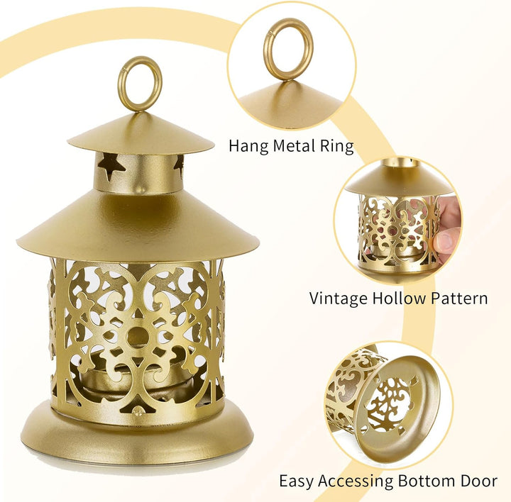 Romadedi Teelicht Laterne Gold Deko - 12er Set Vintage Laterne Kerze Metall Klein mit Gravur für Ker