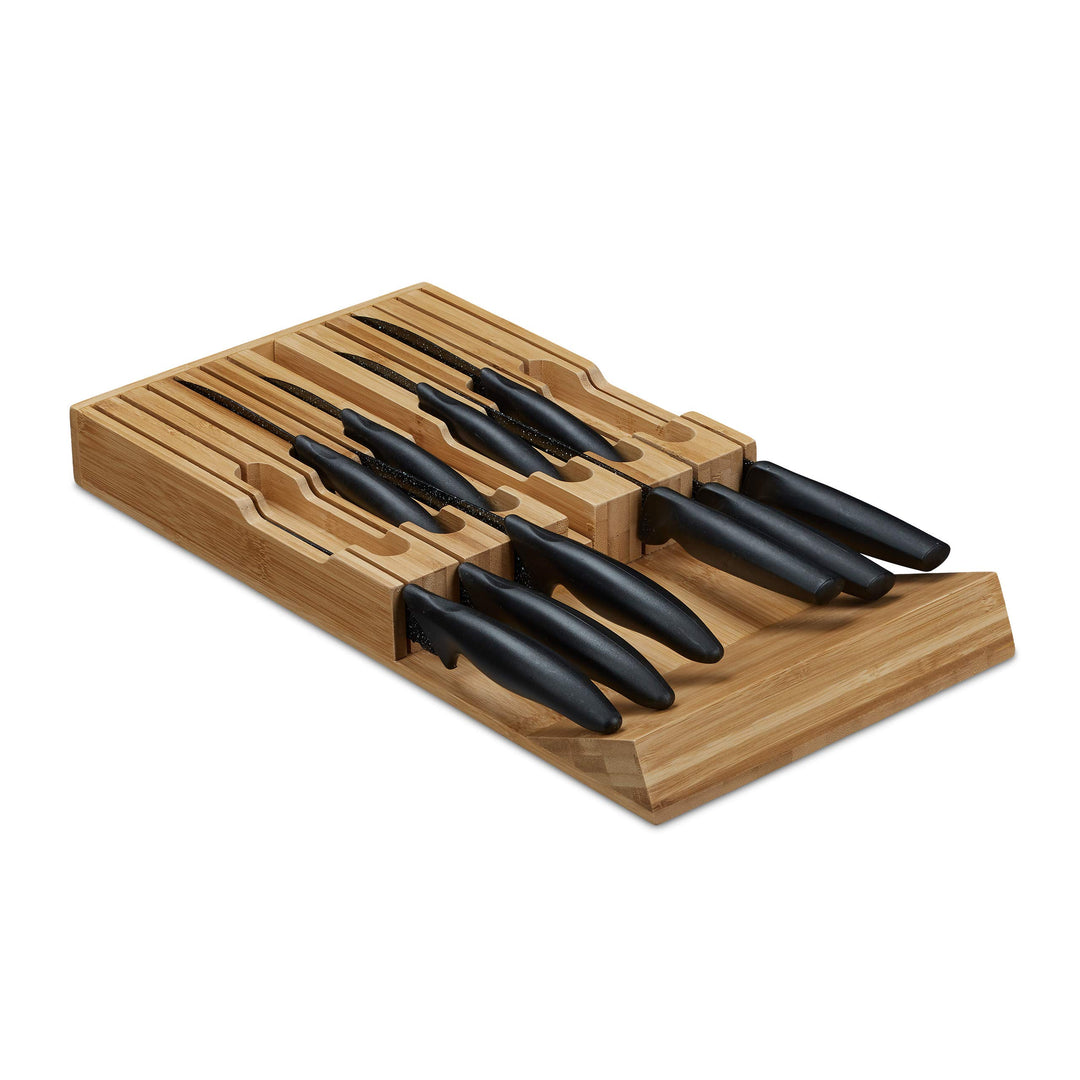 Relaxdays Messerhalter Schublade, für 12 Messer & Wetzstahl, Bambus Messerblock liegend, HBT: 4, 5 x