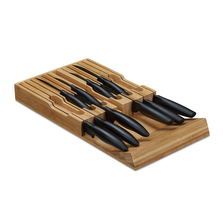 Relaxdays Messerhalter Schublade, für 12 Messer & Wetzstahl, Bambus Messerblock liegend, HBT: 4, 5 x