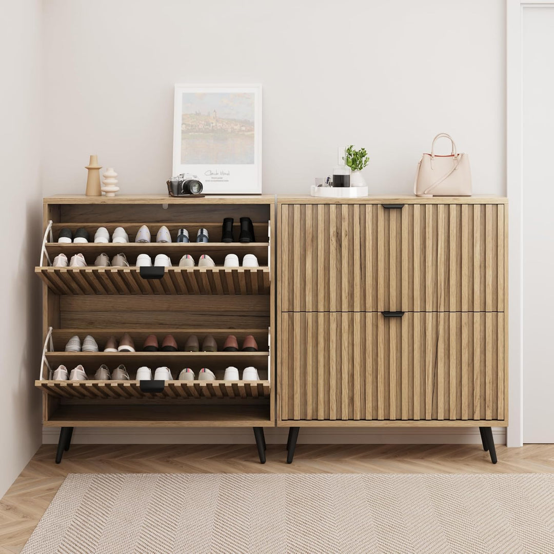 Smuxee Schuhschrank mit 2 Klappschubladen, 80 cm, natürlicher versteckter Schuhschrank mit geriffelt