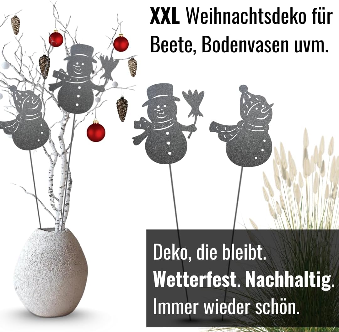 Terma Stahldesign Schneemann Set 105 cm Grau Gartenstecker Metall XXL Winterdeko grau pulverbeschich