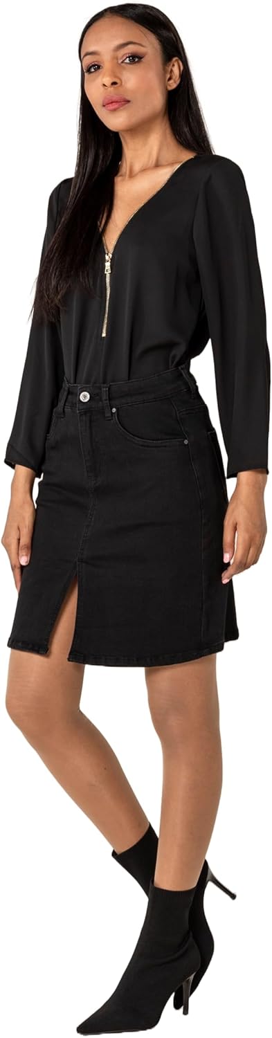 Nina Carter P213 Damen Kurzer Jeansrock mit Vorderem Schlitz Reissverschluss Stretch Used-Look Schwa