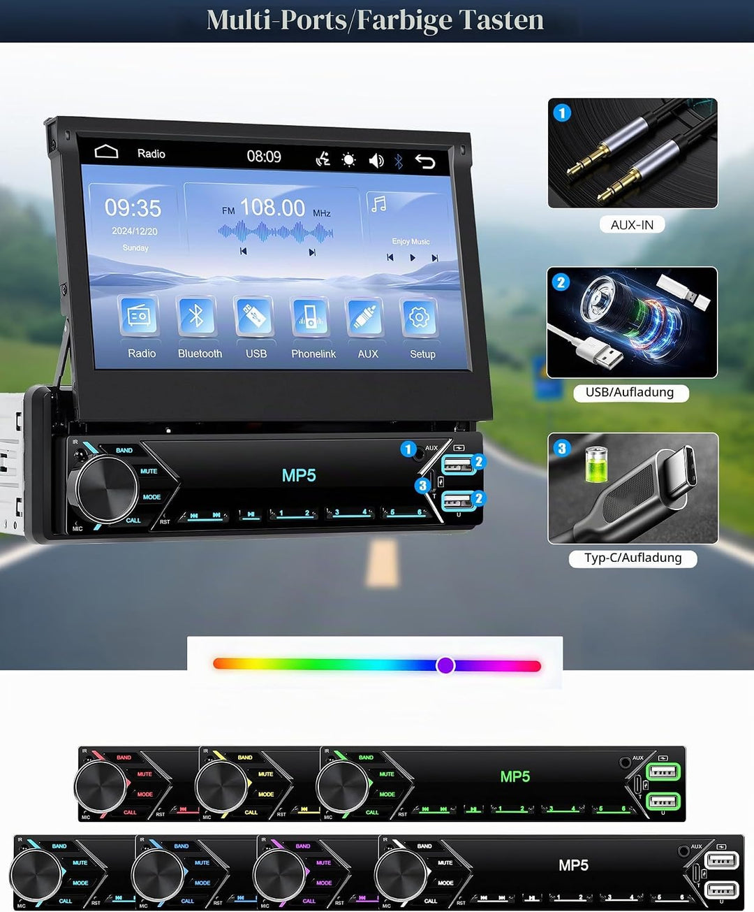 CAMECHO 1 DIN Wireless Carplay Android Auto, 7 Zoll Auto Bildschirm Videoausgang/AUX-IN/FM/TF/Mirror